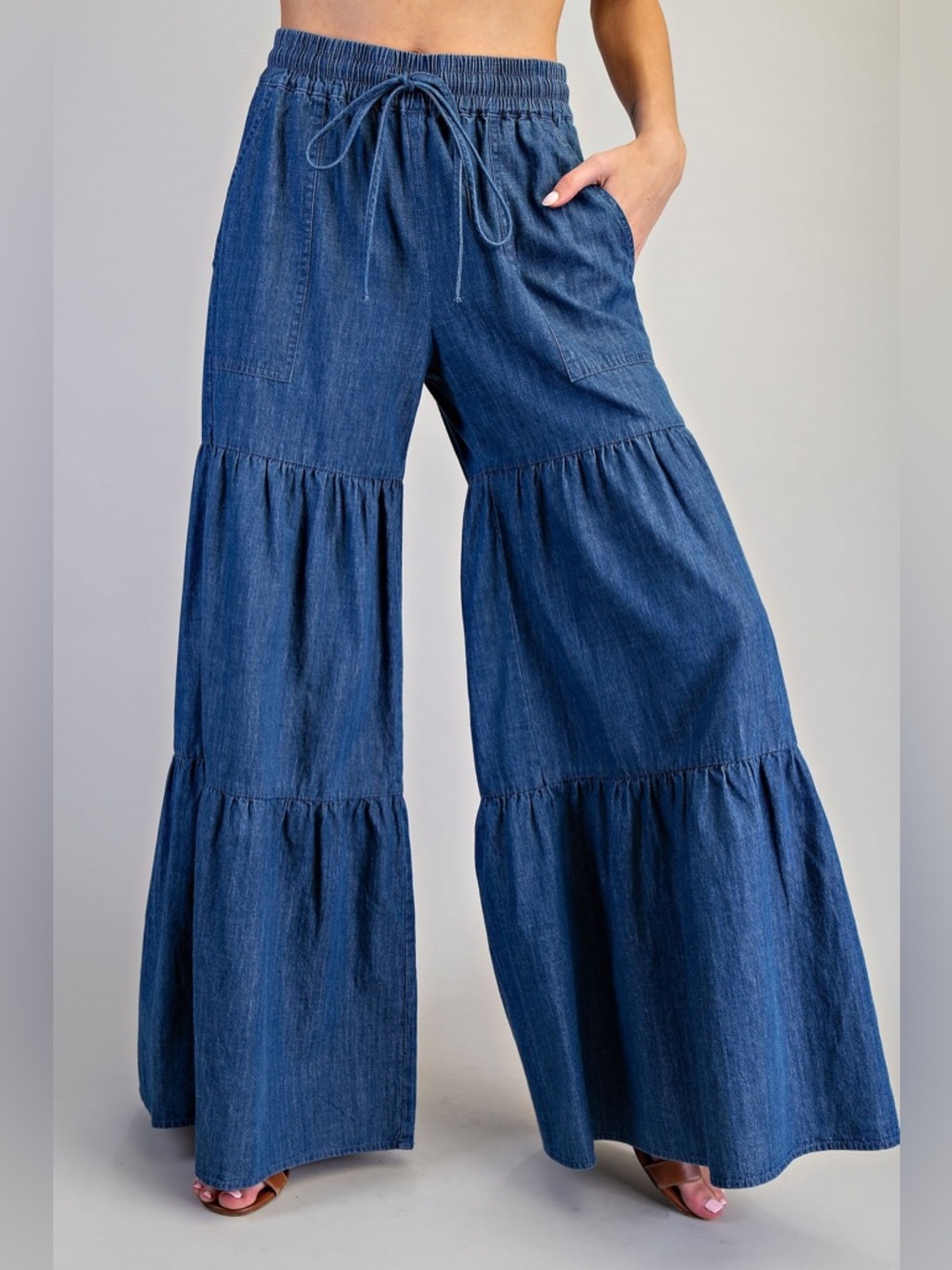 Tiered Ultra Wide Leg Mineral Washed Denim Palazzo Pants - eesome - Picture 8 of 10